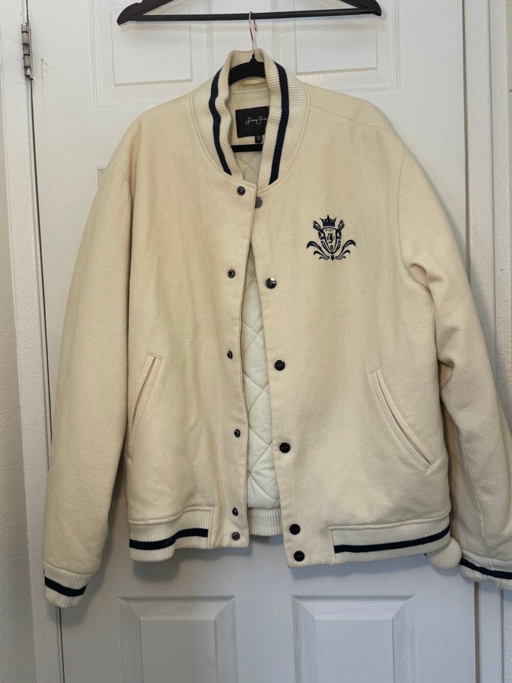 Sean John Men’s XXL Wool Varsity Bomber Jacket Cream Navy Crest